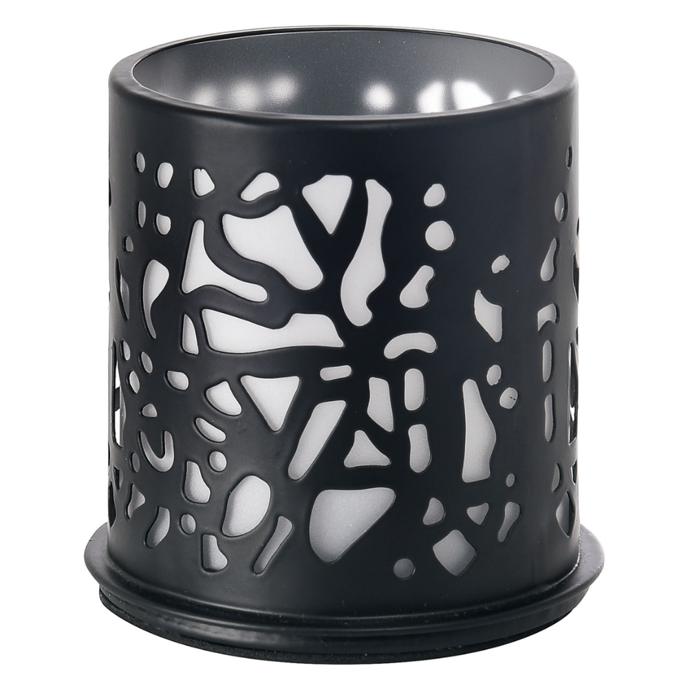The Duni GmbH candle holder Twine 75 x Ø 75 mm Black features a modern abstract cut-out pattern made of cylindrical black metal with a silver interior, creating a stunning light effect. Its irregular, leaf-like design enhances any sophisticated table decoration.