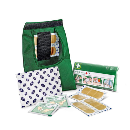 The Orkla Wound Care AB First Aid Kit SMALL (1 piece) contains bandages, plasters, antiseptic wipes, and an illustrated guide in a compact green emergency bag on a white background.