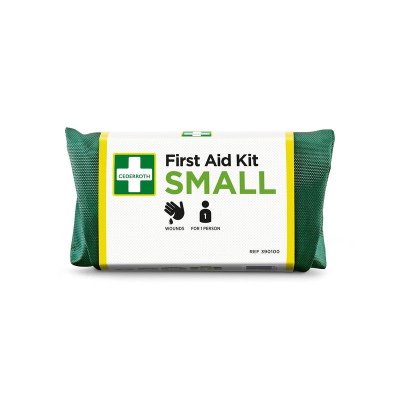 A green First Aid Kit SMALL from Orkla Wound Care AB, ideal for emergencies and individuals, suitable for wound care. The package shows logo, text, and symbols. Contains 1 piece.