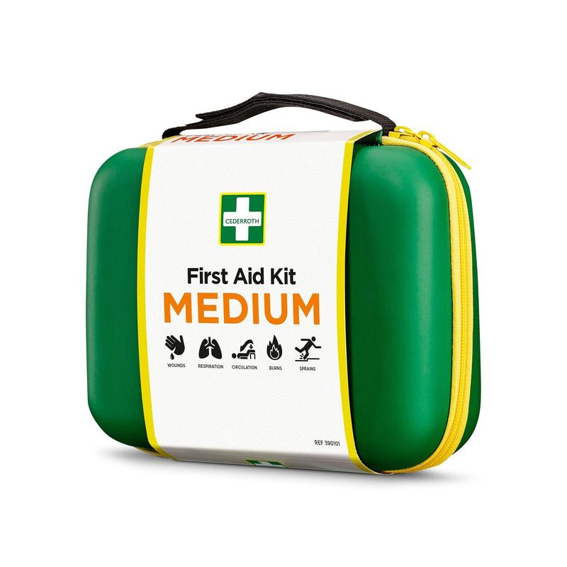 A compact First Aid Kit MEDIUM from Orkla Wound Care AB in green-yellow, with symbols for wounds, breathing, circulation, burns, and sprains - perfect as quick emergency equipment.