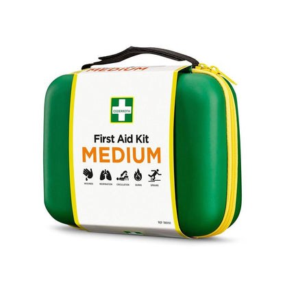 A compact First Aid Kit MEDIUM from Orkla Wound Care AB in green-yellow, with symbols for wounds, breathing, circulation, burns, and sprains - perfect as quick emergency equipment.