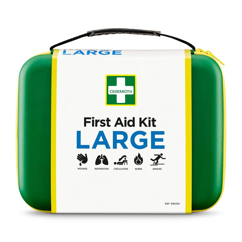 The green-yellow Orkla Wound Care AB First Aid Kit LARGE (1 piece) features wound, ventilation, circulation, burn, and sprain symbols on the front, as well as a black handle and a white label for quick emergency assistance.