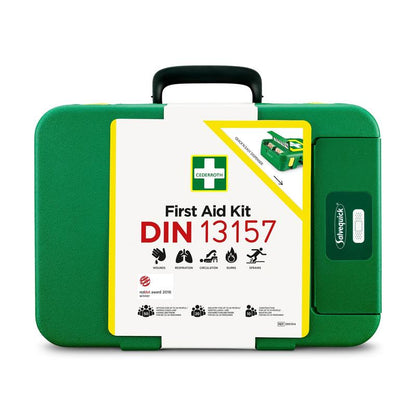A green First Aid Kit DIN (Package, 1 piece) from Orkla Wound Care AB with a handle, white front panel, and symbols for wounds, breathing, circulation, burns, and sprains - ideal as a compact DIN emergency equipment.