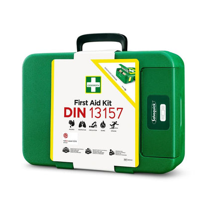 A green plastic First Aid Kit DIN | Package (1 piece) from Orkla Wound Care AB, with a handle and emergency symbols, clearly labeled for first aid use - ideal as a DIN emergency kit.