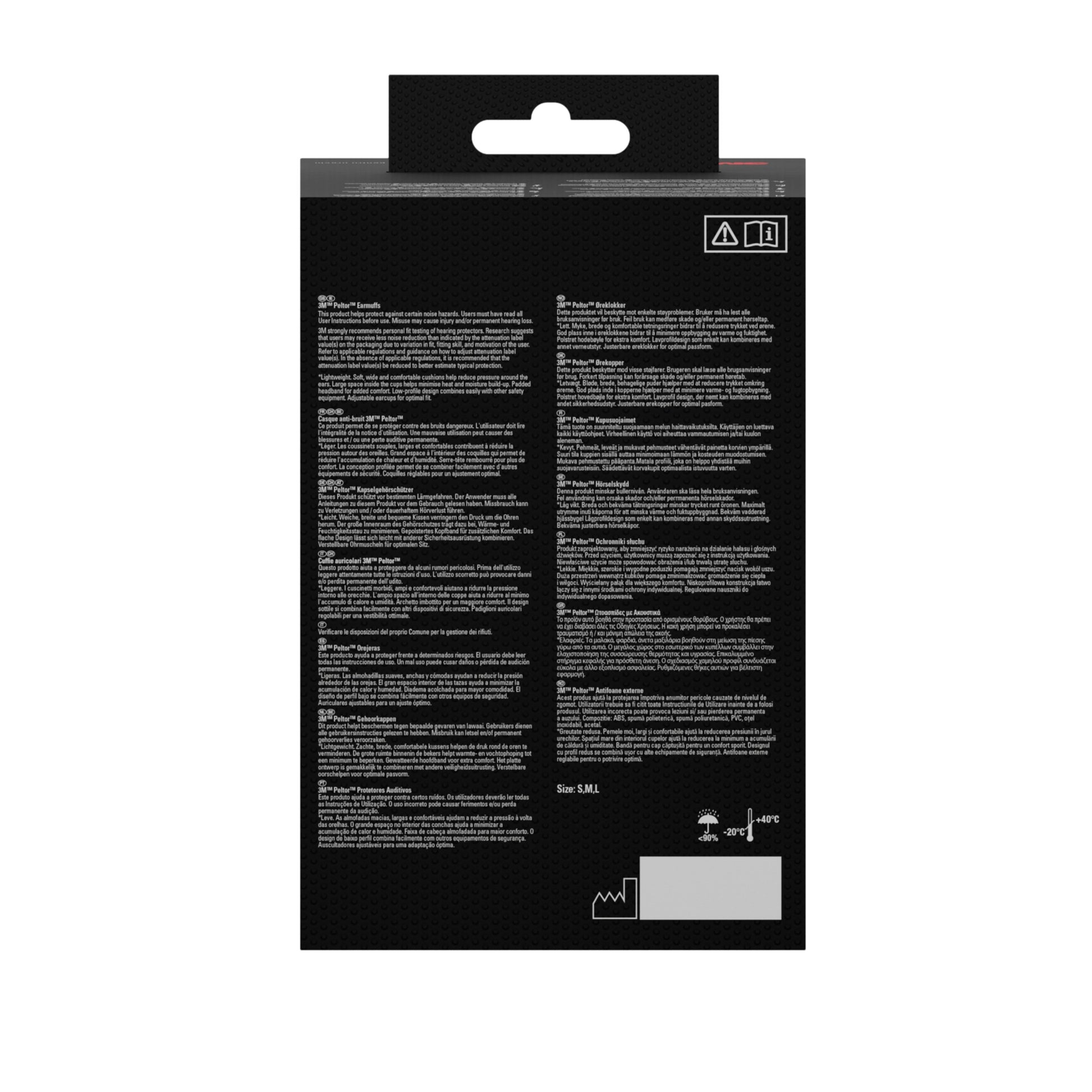 Die Abbildung zeigt die Rückseite einer schwarzen Verkaufsverpackung für 3M™ PELTOR™ Optime™ I Kapselgehörschutz H510A, SNR-Wert 27 dB, Gelb von 3M Deutschland GmbH mit mehrsprachiger Produktinformation und Anleitung.