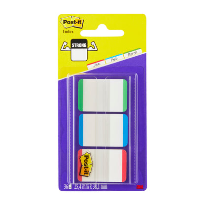 A pack of 3M Post-it® Index Strong Filing Tabs in various colors, standard size (25.4 mm x 38.1 mm), contains 66 adhesive strips per dispenser.