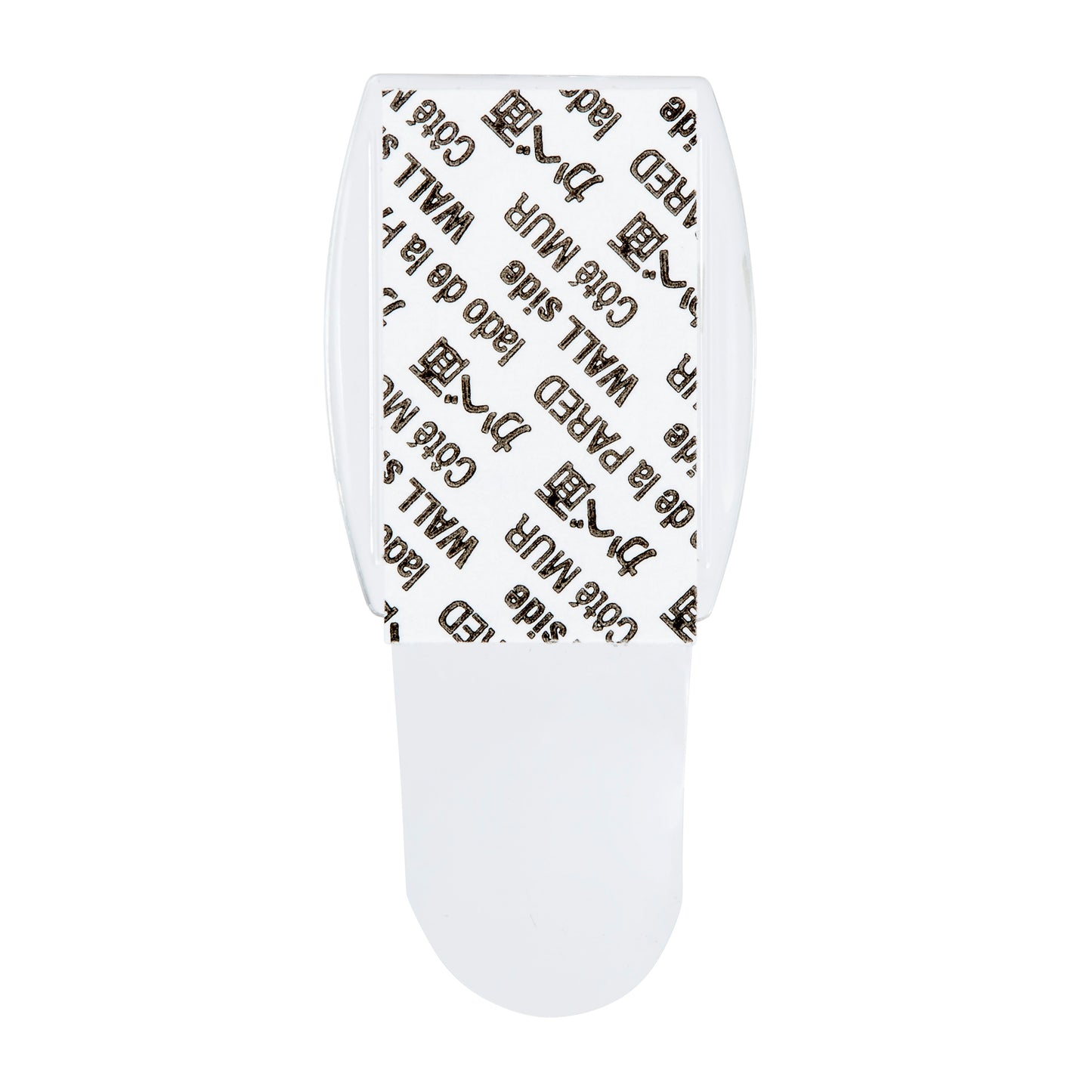 Ein 3M Command™ Mini-Haken, transparent (17006CLRFGN) von 3M Deutschland GmbH, ist von oben zu sehen - inkl. transparenter Strips mit "3M Command" und "WALL"-Aufdruck, ideal für Aufbewahrung ohne Bohren.