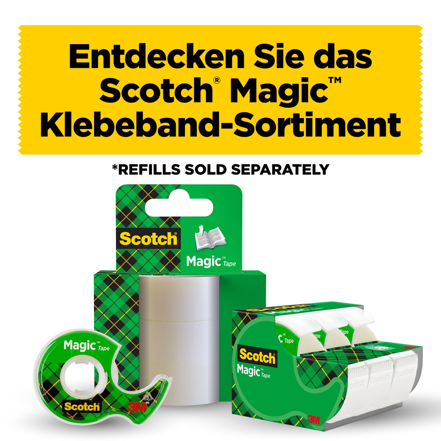 Ein Display mit Scotch® Magic™ Unsichtbares Klebeband von 3M Deutschland GmbH (2 Rollen, 19 mm x 7,5 m) plus 1 Handabroller gratis. Die deutsche Überschrift oben wirbt für das Büro Klebeband-Sortiment auf weißem Hintergrund mit fetter gelber Schrift.