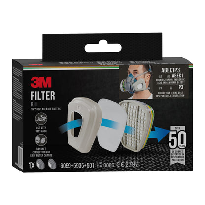 Der 3M™ Filtersatz 6004-1SP ABEK1P3 Kombinationsfilter (2x6059, 2x5935, 2x501), von 3M Deutschland GmbH, ist in einer Box mit Abbildungen der Filterteile, einem Benutzer mit Atemschutz, austauschbarem Filtertext, Maskenkompatibilität und Expertise verpackt.