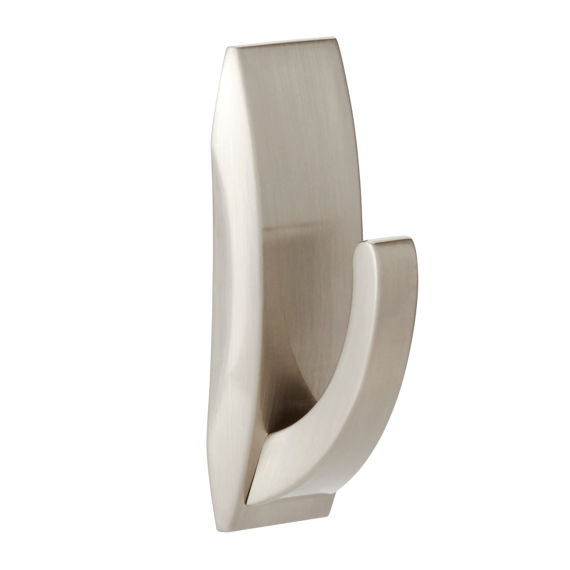 Der Command™ Bad Metallhaken "Modern Reflection" von 3M Deutschland GmbH zeichnet sich durch ein modernes, kantiges Design aus gebürstetem Nickel aus, das vertikal vor einem weißen Hintergrund angebracht ist.