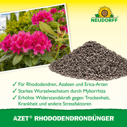 Ein Stapel Azet RhododendronDünger von Neudorff Shop liegt neben einem blühenden rosa Rhododendron. Der Text darunter beschreibt die Vorteile von Rhododendron, Azaleen und Eriken. Oben ist das Neudorff-Logo zu sehen.