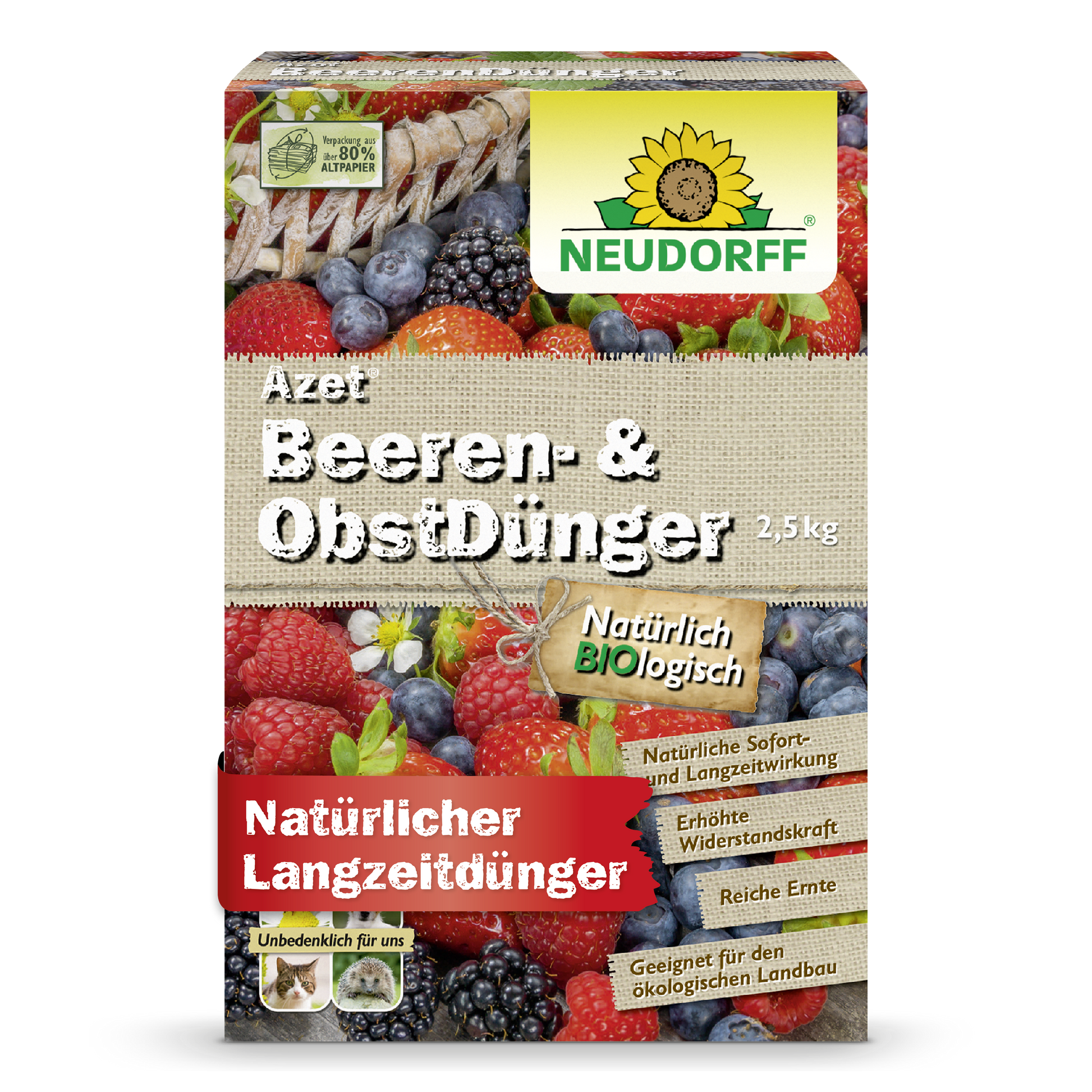 Der 2,5 kg Azet Beeren- & ObstDünger aus dem Neudorff Shop ist ein organischer Dünger für Erdbeeren und Beerensträucher. Auf der Verpackung sind verschiedene Beeren, Produktdetails und Bio-Zertifizierungsetiketten abgebildet.