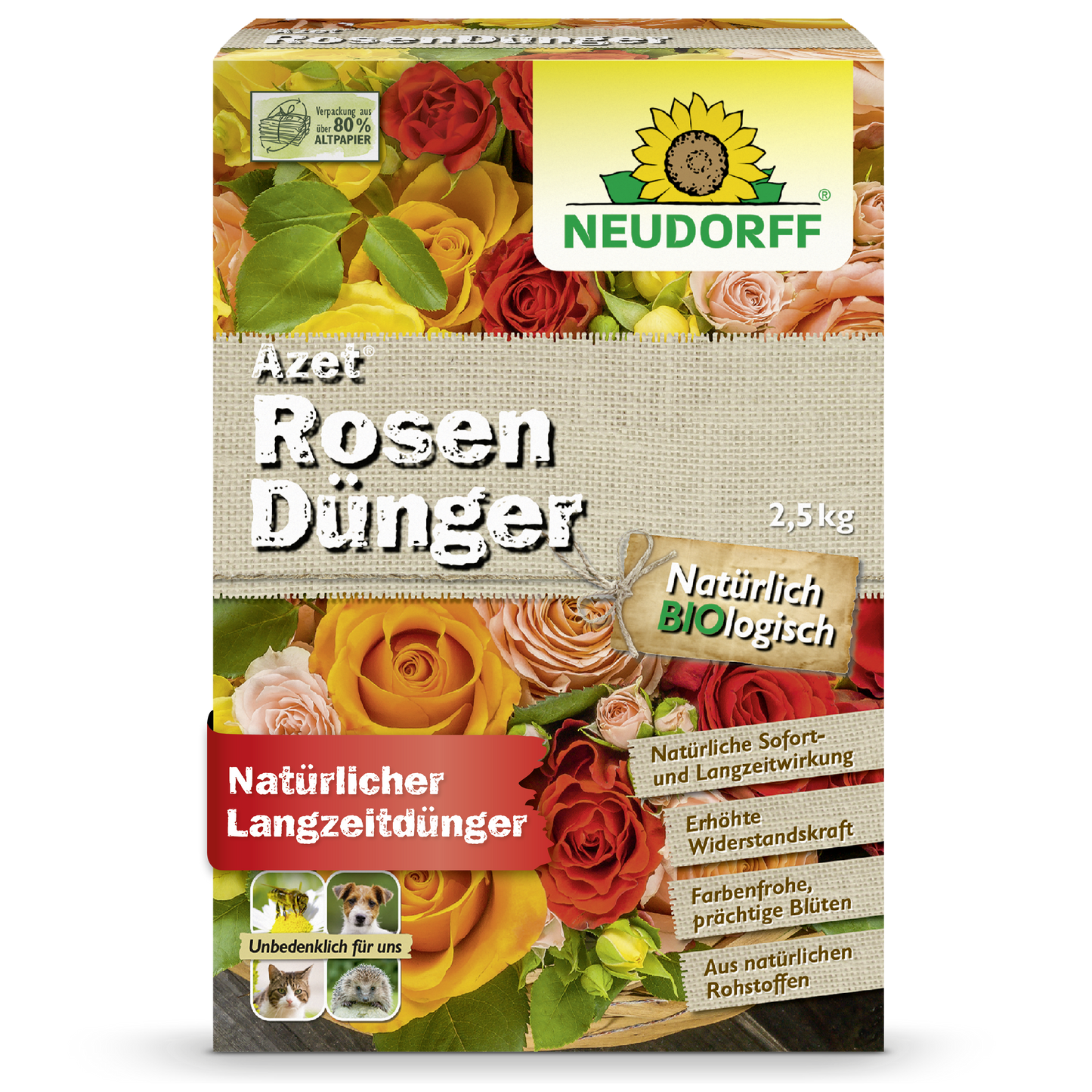 Eine 2,5 kg Kiste Azet RosenDünger aus dem Neudorff Shop, mit Abbildungen blühender Rosen und einem Text, der ihn als natürlichen, organischen Langzeit-Rosendünger für prächtige Rosen beschreibt.