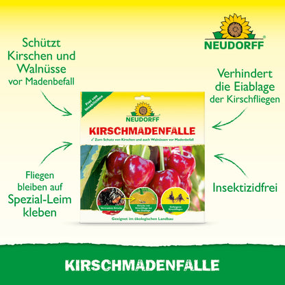 Produktbild für KirschmadenFalle von Neudorff Shop, mit Kirschen und grünem Text, der darauf hinweist, dass es insektizidfrei ist, vor der Kirschfruchtfliege schützt und einen speziellen Klebstoff für eine erfolgreiche Kirschernte verwendet.