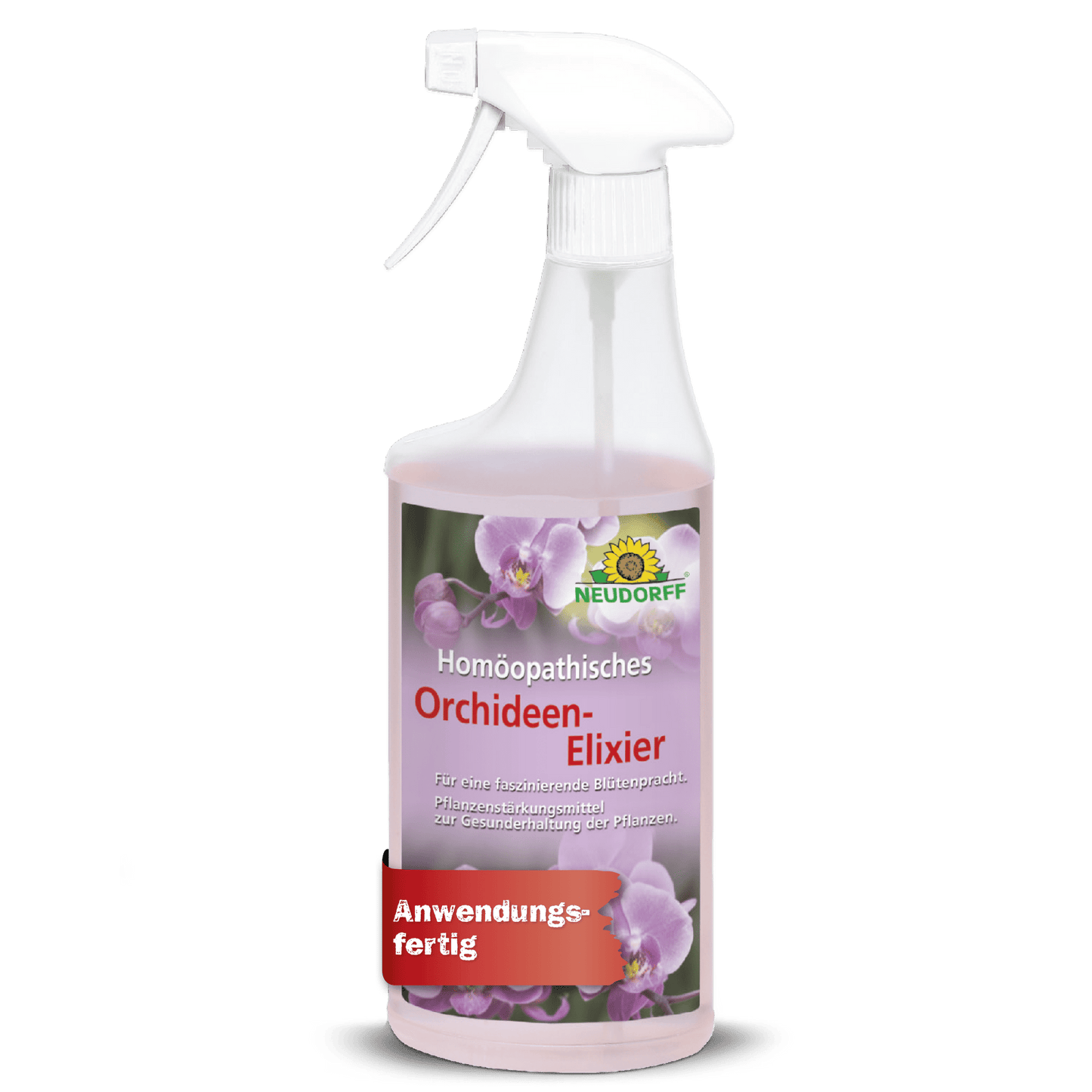 A white spray bottle with a pump attachment labeled "Homeopathic Orchid Elixir" for orchid care is adorned with pink orchids and the Neudorff Shop logo above the label, indicating the product as a plant care product.