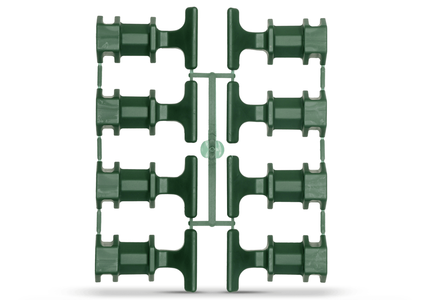 A green plastic sprue contains ten identical Neudorff DuoTherm composter clips in two columns, connected by a central frame, shown on a white background - perfect replacement parts for your thermal composter from the Neudorff shop.