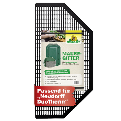 Ein schwarzes Metall-Mäusegitter von Neudorff Shop, das als Mäuseschutz für Komposttonnen gekennzeichnet ist, bietet Rattenschutz und ist kompatibel mit dem Neudorff DuoTherm Thermokomposter.