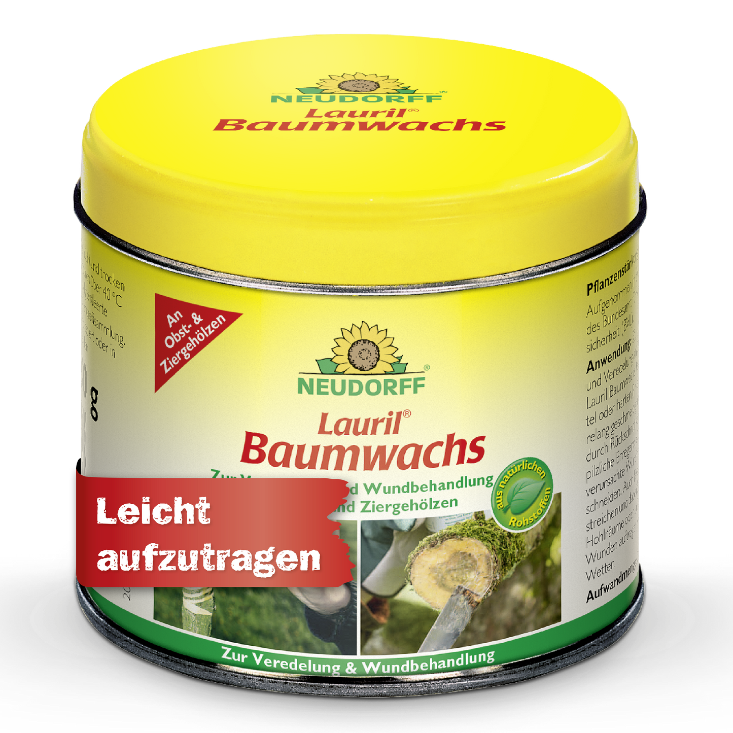 Eine gelb-grüne Dose Lauril Baumwachs von Neudorff Shop zur Behandlung von Wunden an Bäumen, Zierpflanzen und Obstbäumen. Auf dem Etikett sind Bilder von Bäumen und der deutsche Satz "Leicht aufzutragen" zu sehen. Ideal für Baumwunden.
