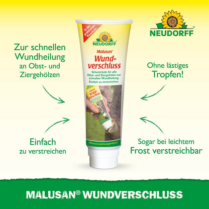 A tube of Malusan wound sealant from Neudorff Shop stands upright on a white surface and is decorated with green and yellow graphics. The German text highlights the quick healing of pruning wounds on woody plants and the easy application.