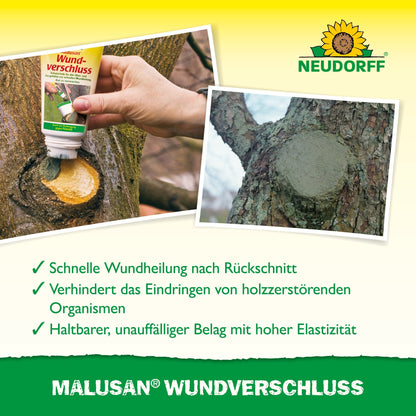 A hand applies the Malusan wound sealant from Neudorff Shop to a pruned tree to support the wound closure. Another tree shows a healed spot. The benefits are presented in text form, with the Neudorff logo located at the top right.