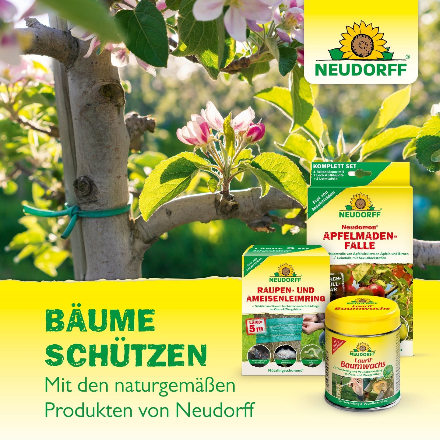 A close-up of an apple tree branch with blossoms. In the foreground are garden products from the Neudorff Shop, such as Malusan wound sealant, pest traps, and insecticides. Text: "Protect trees with the natural products from Neudorff."