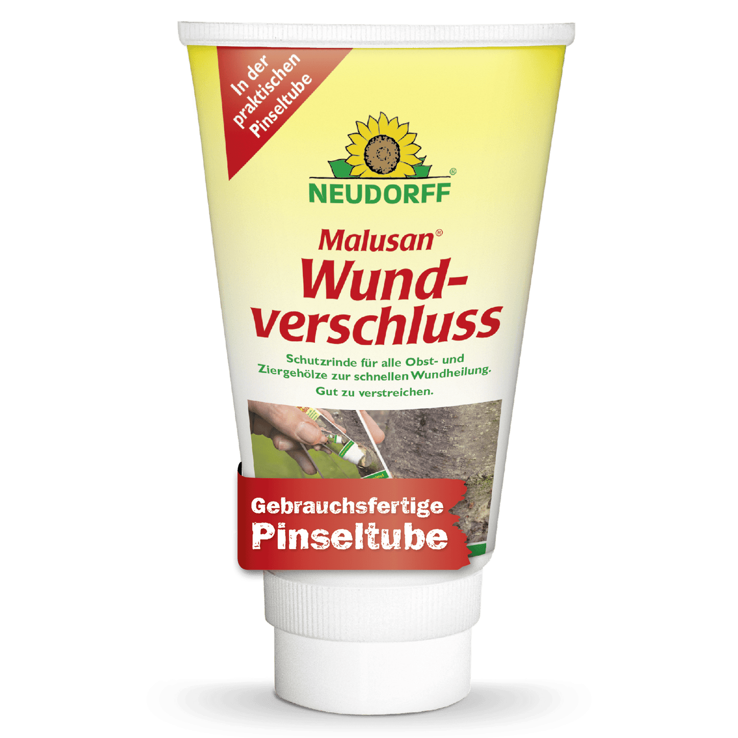A white tube of Neudorff Shop Malusan wound sealant, a wound sealant for pruning wounds on woody plants, is adorned with German text, illustrations of tree bark and brush, yellow and red labels, and a sunflower logo at the top.