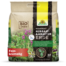 Ein 10-Liter-Beutel NeudoHum Aussaat- & KräuterErde von Neudorff Shop ist mit mediterranen Kräutermotiven, Öko-Etiketten und einem Text versehen, der die biologische, torffreie Rezeptur hervorhebt - ideal für die Aussaat, Kräuter und die Vermehrung von Blumen oder Gemüse.