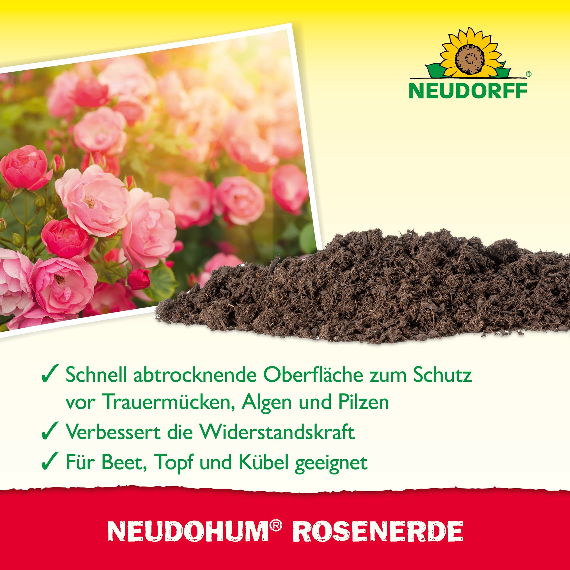 Ein Haufen NeudoHum RosenErde liegt neben blühenden rosa Rosen. Der Text hebt die optimalen Anbaubedingungen und Eigenschaften hervor, während das Logo des Neudorff Shops in der oberen rechten Ecke zu sehen ist.