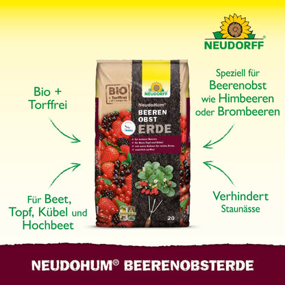 A 20-liter bag of NeudoHum Berry Fruit Soil from Neudorff Shop is depicted with berries and garden tools. Peat-free and ideal for growing berry plants on the balcony, in pots, or garden beds.