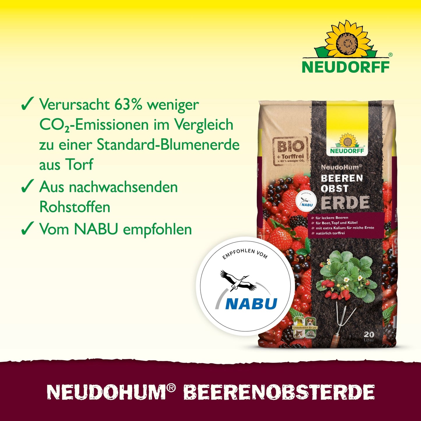 A bag of NeudoHum Berry Fruit Soil from Neudorff Shop is shown with text highlighting the environmental benefits - reduced CO₂ emissions, renewable materials, and a NABU recommendation. The logos of Neudorff Shop and NABU are visible.