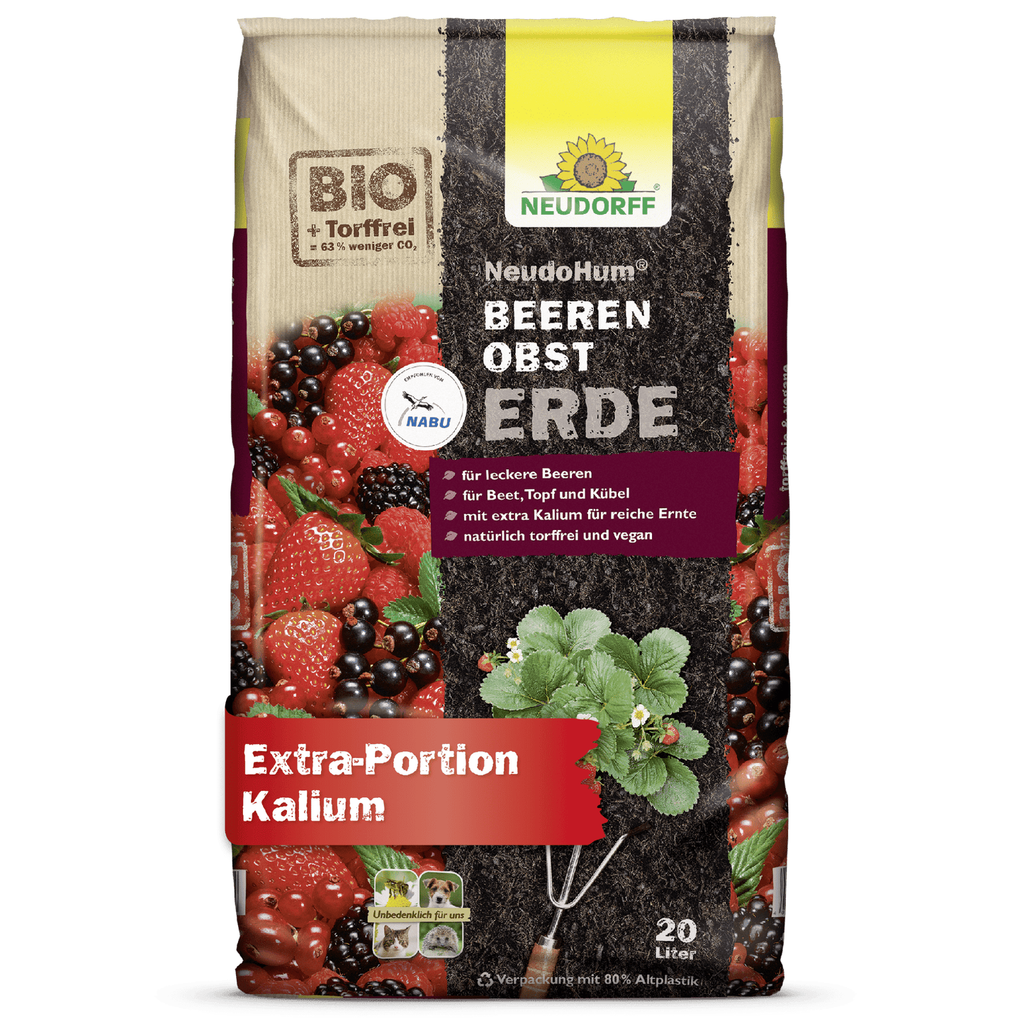Shown is a 20-liter bag of NeudoHum Berry Fruit Soil from the Neudorff Shop - ideal for berries on the balcony or in pots. The organic-certified packaging contains strawberries, raspberries, blackberries, and currants and additionally contains potassium.