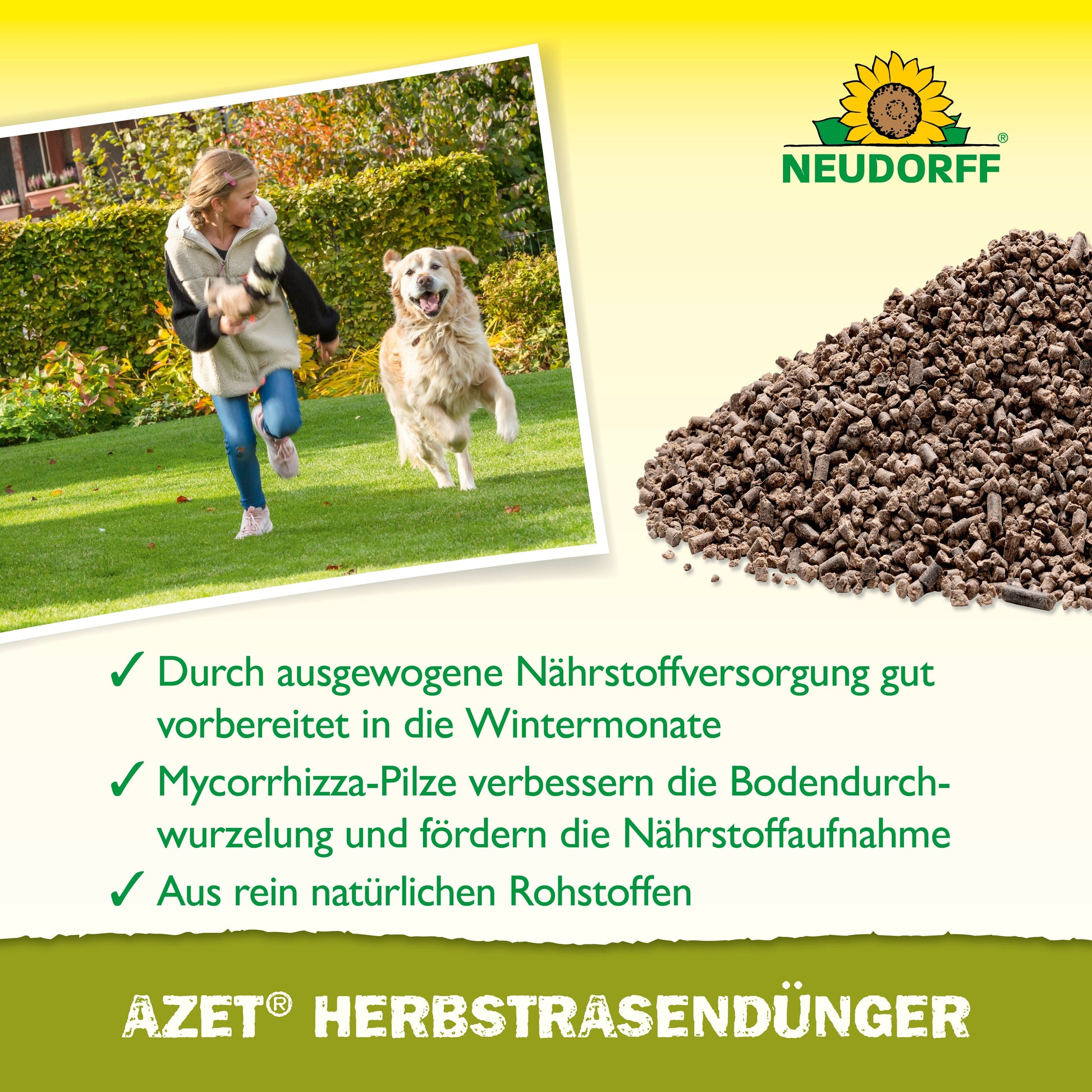 Eine Frau spielt mit ihrem Hund auf grünem Gras Fangen, während Azet HerbstRasenDünger von Neudorff Shop in der Nähe liegt. Der deutsche Text hebt die Vorteile dieses organischen Düngers für die Rasenpflege im Herbst hervor.