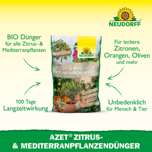Abgebildet ist Azet Zitrus- & MediterranpflanzenDünger von Neudorff Shop, ein organischer Volldünger für mediterrane Kübelpflanzen wie Zitronen, Oliven, Orangen und Oleander mit langanhaltender Wirkung.