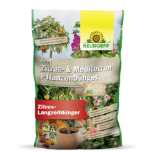 Ein 750g Beutel Neudorff Shop Azet Zitrus- & MediterranpflanzenDünger, ideal für mediterrane Kübelpflanzen wie Oleander. Dieser organische Dünger bietet eine natürliche, langanhaltende Nährstoffversorgung und zeigt auf seiner Verpackung Zitrus- und Blütenpflanzen.