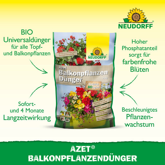 Neudorff Shop Azet BalkonpflanzenDünger ist ideal für Sommerblumen in Balkonkästen und enthält hochwertige organische Volldünger für kräftiges Wachstum und leuchtende Blüten.
