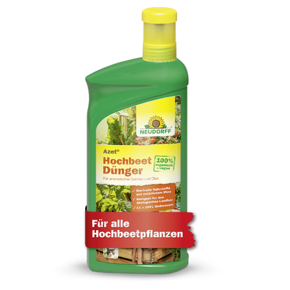 Eine grüne Plastikflasche von Neudorff Shop Azet HochbeetDünger flüssig mit gelbem Verschluss, beschriftet mit 100% Bio, nährstoffreich, ideal für Hochbeetpflanzen und mit Gemüse auf der Vorderseite.