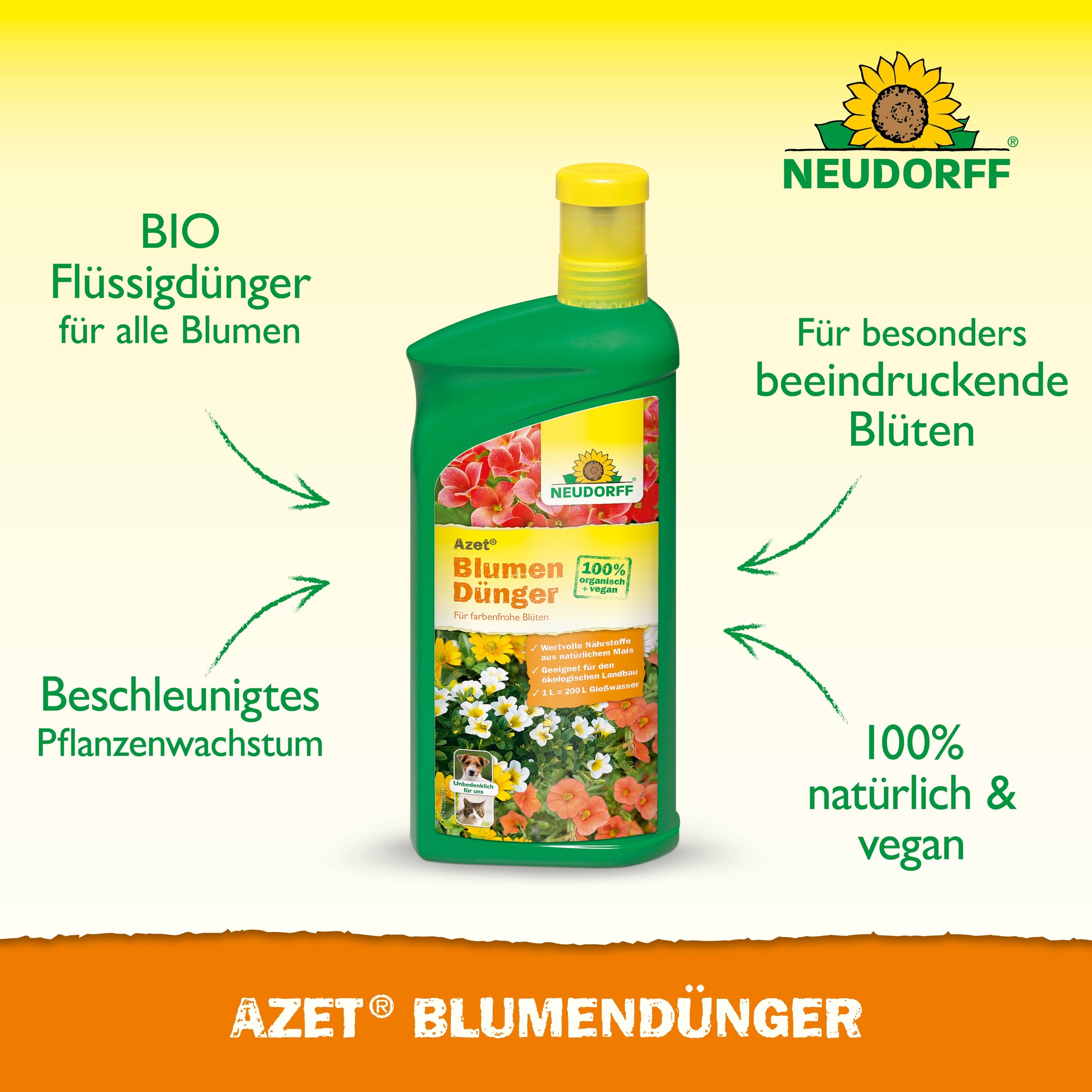 Abgebildet ist eine grüne Flasche Neudorff Shop Azet BlumenDünger flüssig, die seine biologischen, veganen und natürlichen Eigenschaften für gesundes Pflanzenwachstum hervorhebt. Auf dem Etikett sind bunte Blumen abgebildet.