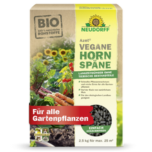 A 2.5 kg package of Azet Vegan Horn Shavings from Neudorff Shop shows vegetables and pellets on the packaging and emphasizes as a vegan, organic fertilizer rich harvests and healthy growth for garden plants.