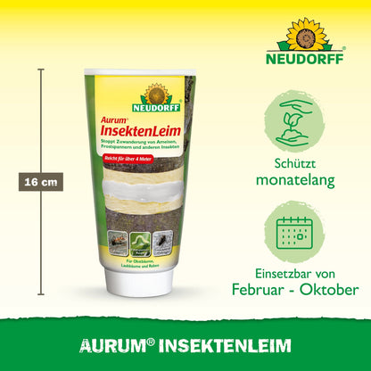Pictured is a 16-cm tube of Neudorff Shop Aurum Insect Glue. The packaging highlights the long-lasting protection of fruit trees from pests like winter moths and ants, which can be applied from February to October, with green symbols indicating effectiveness.