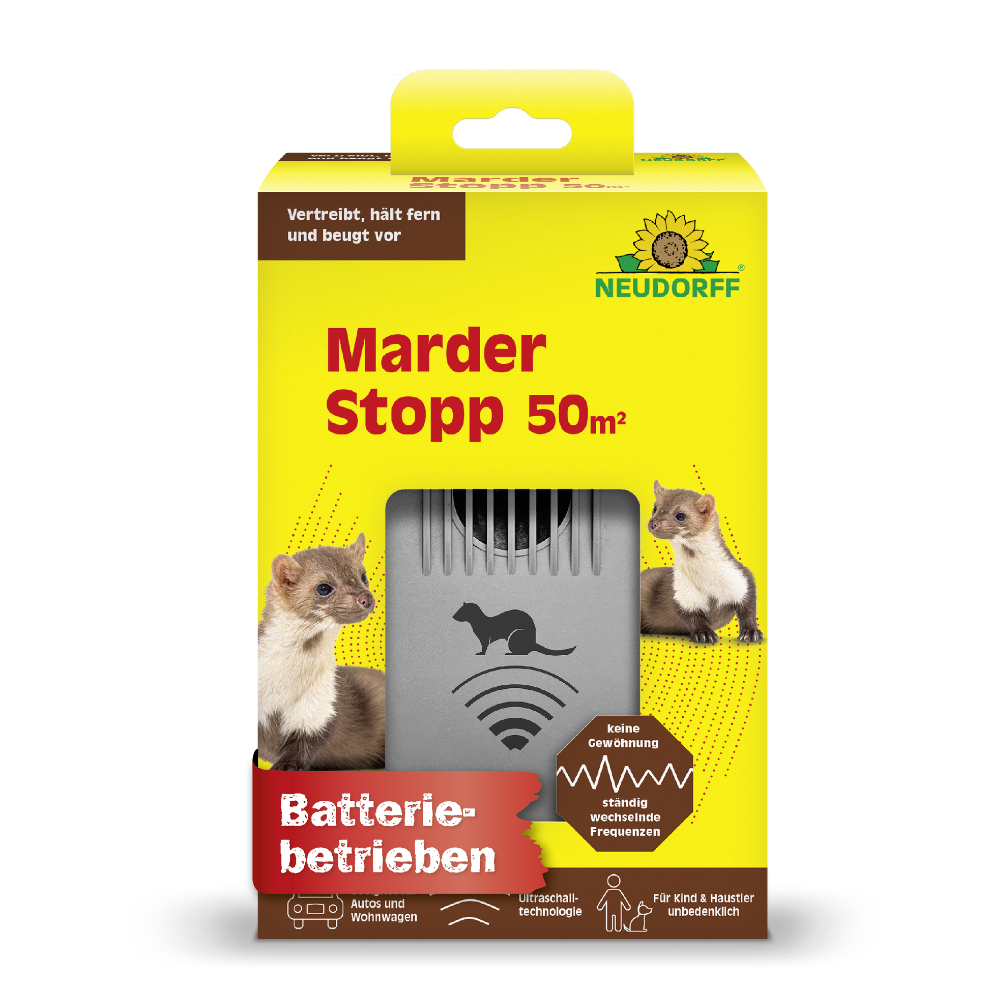 Eine gelb-grüne Neudorff Shop MarderStopp 50m² Box zeigt Marder, deutschen Produkttext und ein graues Batteriegerät in einem Frontfenster. Icons heben Merkmale wie Ultraschall-Technologie für effektiven Kabelschutz hervor.