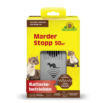 Eine gelb-grüne Neudorff Shop MarderStopp 50m² Box zeigt Marder, deutschen Produkttext und ein graues Batteriegerät in einem Frontfenster. Icons heben Merkmale wie Ultraschall-Technologie für effektiven Kabelschutz hervor.