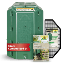 The Neudorff Shop composter set consists of a green plastic compost container, a bag of compost accelerator, and a black rodent protection grid. The red label reads "3-in-1 composter set" - ideal for easy composting and nutrient-rich soil.