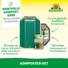 The Neudorff Shop composter set, shown with composting accessories, helps in producing compost soil, breaks down garden waste, destroys seeds and pathogens, and includes tips on creating compost.
