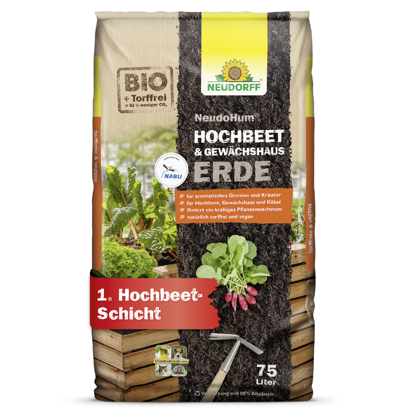 A 75-liter bag of NeudoHum Raised Bed & Greenhouse Soil from Neudorff Shop, a humus-rich soil and plant substrate for raised beds and greenhouses. The packaging shows vegetables, soil layers, and product details in German.