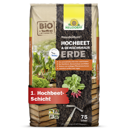A 75-liter bag of NeudoHum Raised Bed & Greenhouse Soil from Neudorff Shop, a humus-rich soil and plant substrate for raised beds and greenhouses. The packaging shows vegetables, soil layers, and product details in German.
