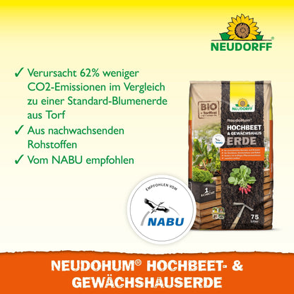 A package of NeudoHum Raised Bed & Greenhouse Soil from Neudorff Shop stands upright and shows the reduced CO2 emissions, the use of renewable raw materials, the NABU recommendation, and the NABU logo.