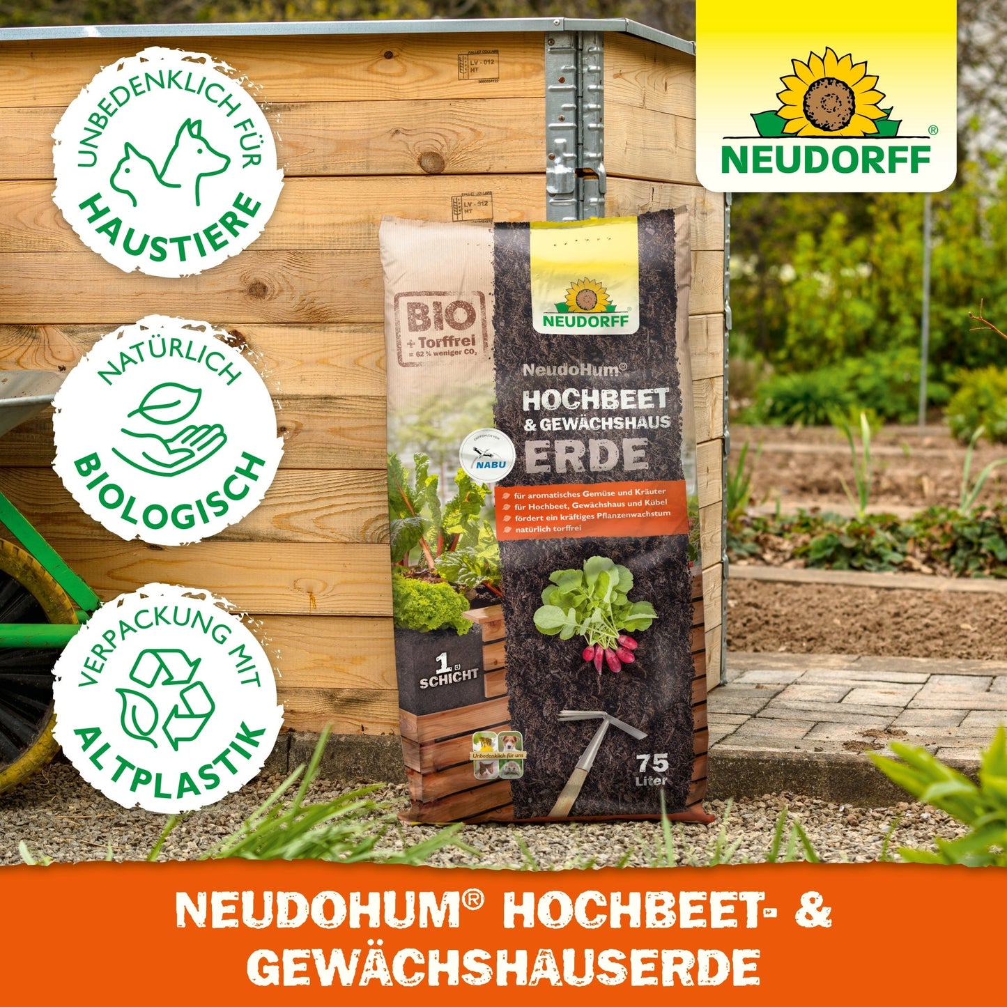 A bag of Neudorff Shop's NeudoHum Raised Bed & Greenhouse Soil rests on a garden bed next to green plants. Three green symbols indicate that the product is pet-friendly, natural, and organic, and has sustainable packaging.