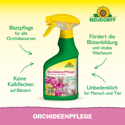 Abgebildet ist eine grün-gelbe Sprühflasche mit der Aufschrift "OrchideenPflege" von Neudorff Shop. Deutsche Pfeile heben seine Vorteile hervor: ideale Orchideenpflege, keine Kalkflecken, unterstützt die Blüte und ist sicher für alle Orchideenblätter.