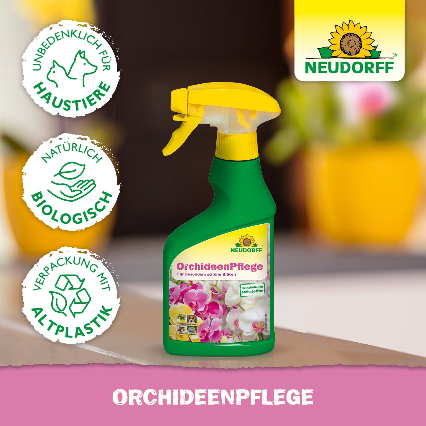 Eine grün-gelbe Sprühflasche von Neudorff Shop OrchideenPflege steht auf einer Fläche. Auf dem Etikett sind Orchideen abgebildet, mit Symbolen, die auf die Sicherheit von Haustieren, biologische Inhaltsstoffe und die Verpackung aus recyceltem Kunststoff hinweisen.