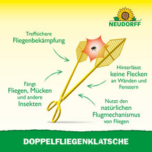 Two yellow double fly swatters from the Neudorff Shop cross in an X and hit a fly in the middle. The German text explains how to catch flies and remove insects without stains. The Neudorff logo is depicted above.